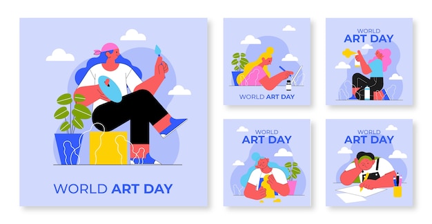 Free Vector flat world art day instagram posts collection