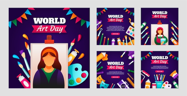 Free Vector flat world art day instagram posts collection