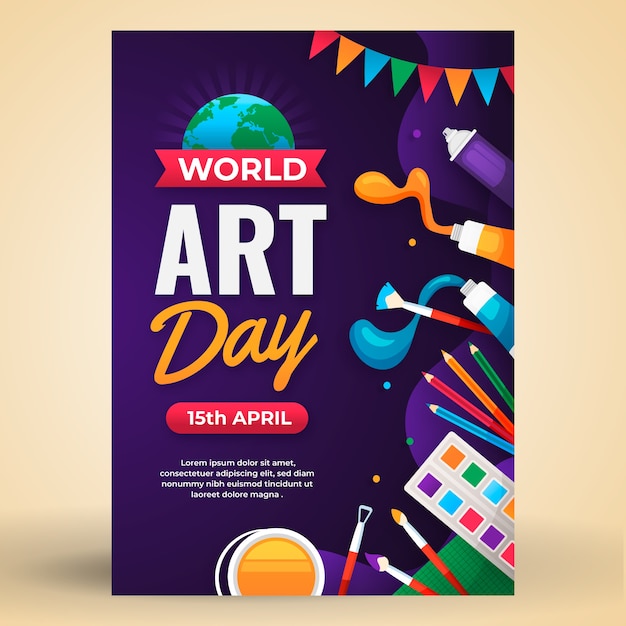 Flat world art day vertical poster template with artistic tools