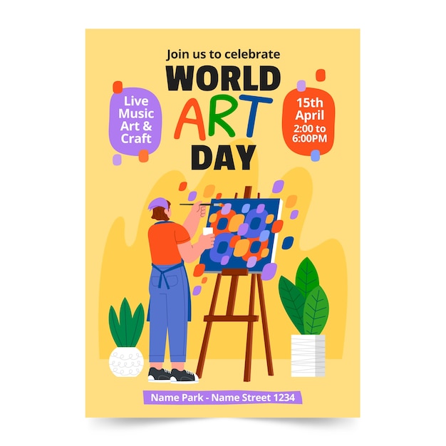 Flat world art day vertical poster template