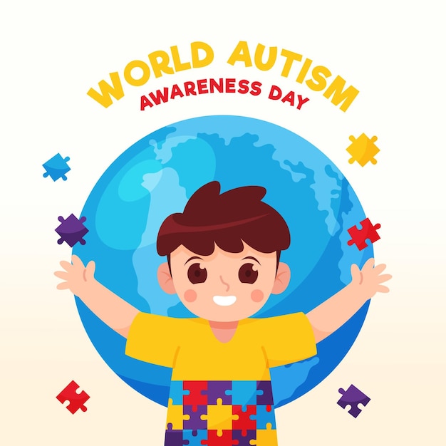 Flat world autism awareness day illustration with puzzle pieces