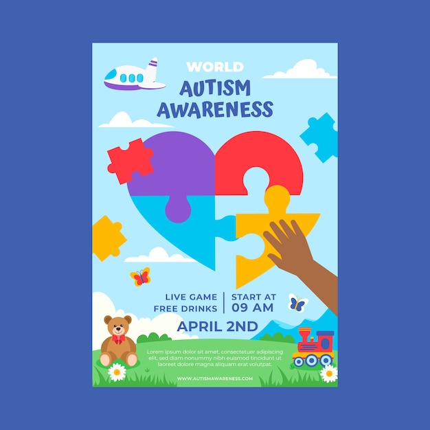 Flat world autism awareness day vertical poster template