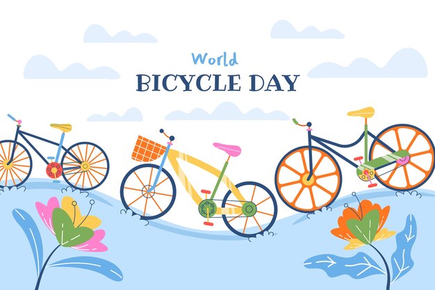 Flat world bicycle day background with bikes