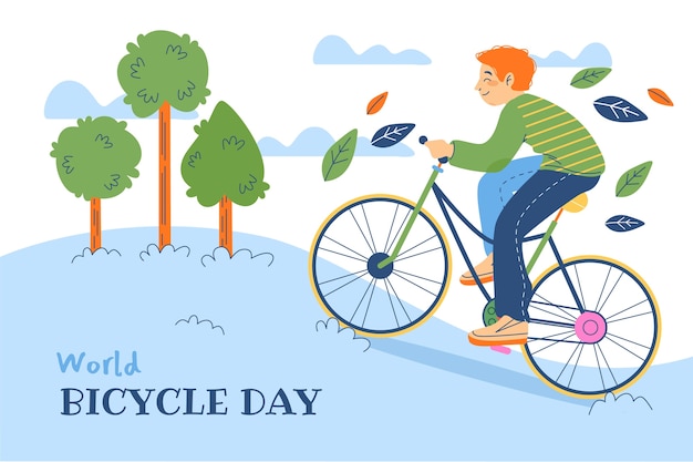 Flat world bicycle day background with boy riding bike