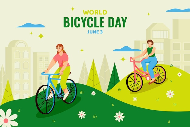 Flat world bicycle day background with people riding bikes