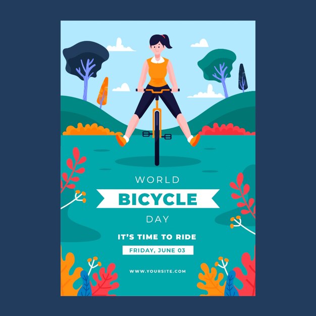 Flat world bicycle day flyer template