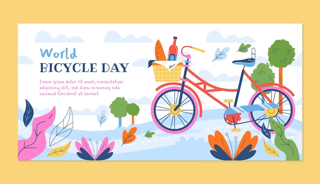 Flat world bicycle day horizontal banner template with bike