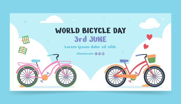 Flat world bicycle day horizontal banner template with bikes