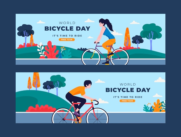 Flat world bicycle day horizontal banners collection