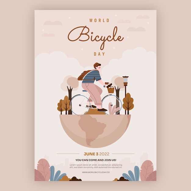 Flat world bicycle day vertical flyer template