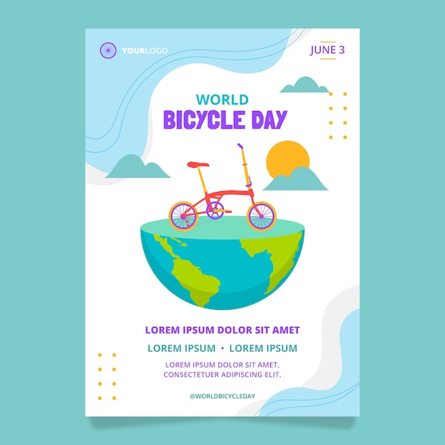 Flat world bicycle day vertical flyer template