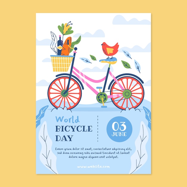 Flat world bicycle day vertical poster template with bike