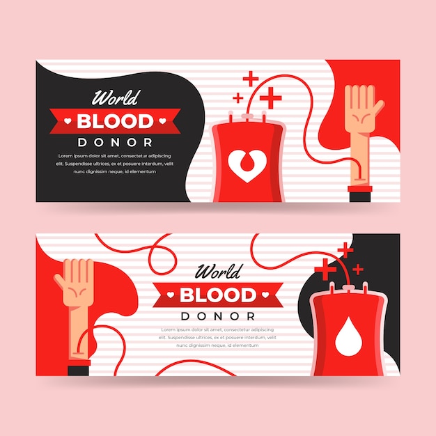 Flat world blood donor day horizontal banners set