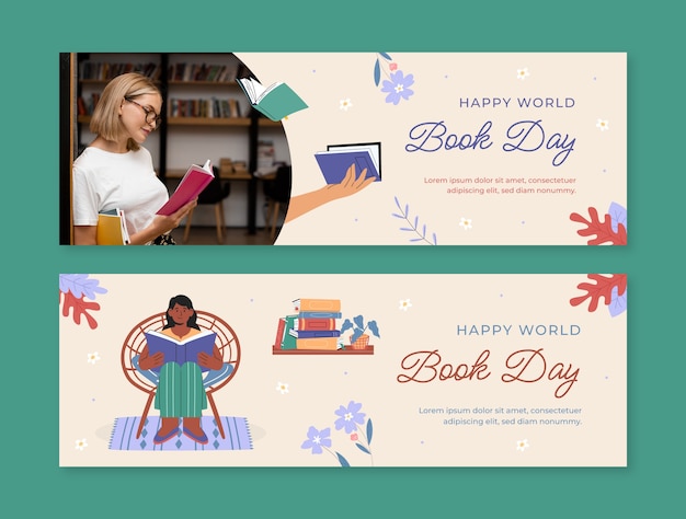 Free Vector flat world book day celebration horizontal banner template