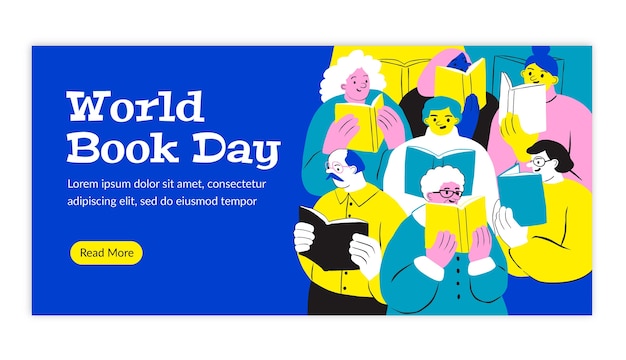 Flat world book day horizontal banner template with people reading