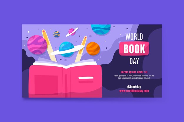 Flat world book day horizontal banner template