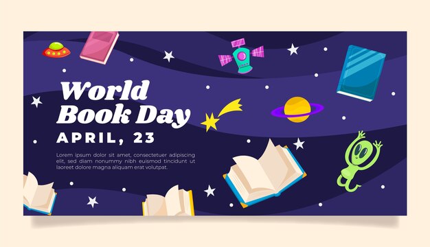 Flat world book day horizontal banner template