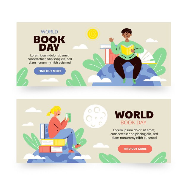 Flat world book day horizontal banners set