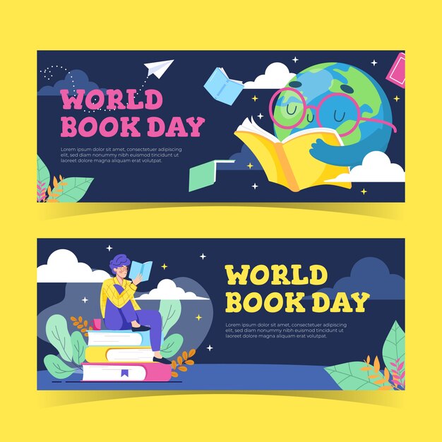 Flat world book day horizontal banners set