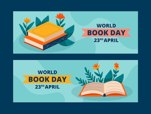 Flat world book day horizontal banners set