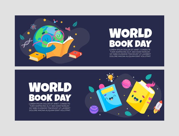 Flat world book day horizontal banners set