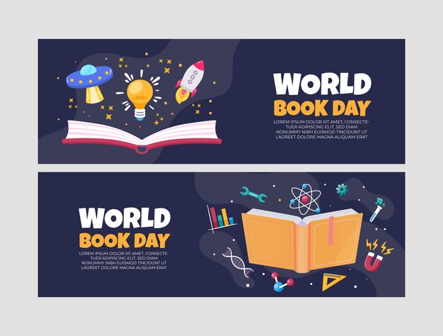 Flat world book day horizontal banners set