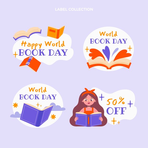 Flat world book day labels collection