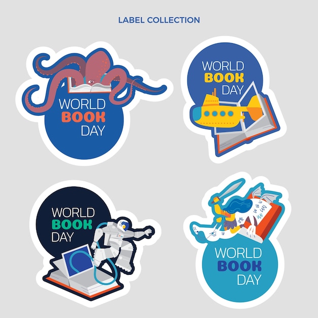 Flat world book day labels collection