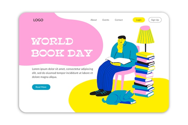 Flat world book day landing page template with man reading book