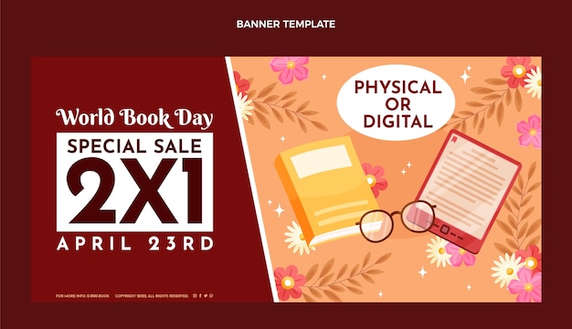 Free Vector flat world book day sale horizontal banner template