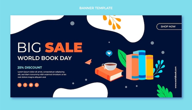 Free vector flat world book day sale horizontal banner template