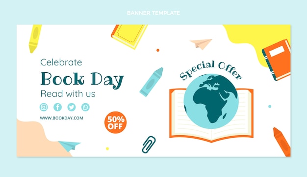 Flat world book day sale horizontal banner