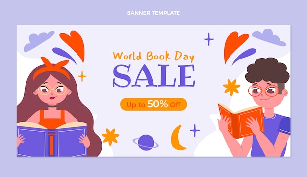 Flat world book day sale horizontal banner