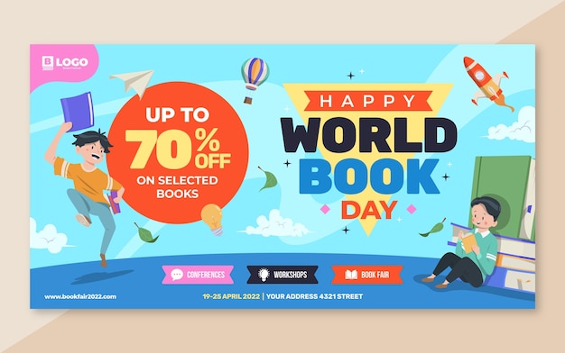 Flat world book day social media promo template