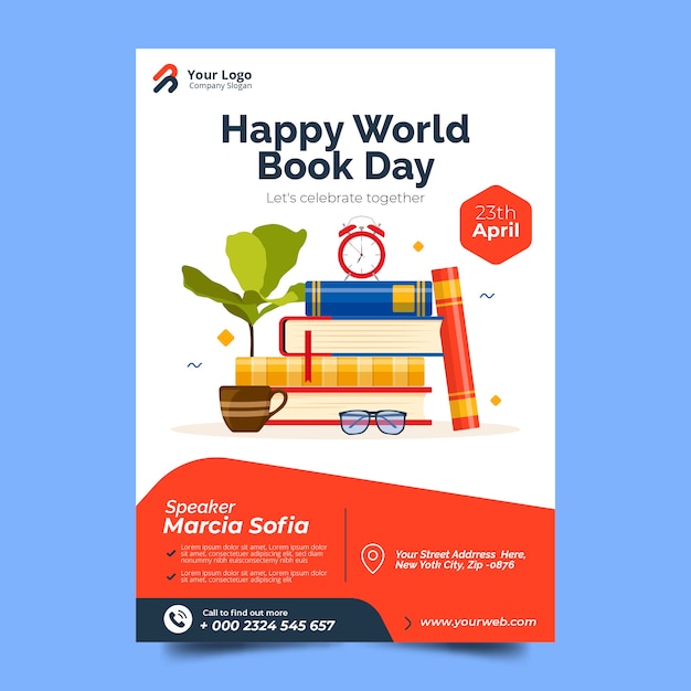 Flat world book day vertical poster template