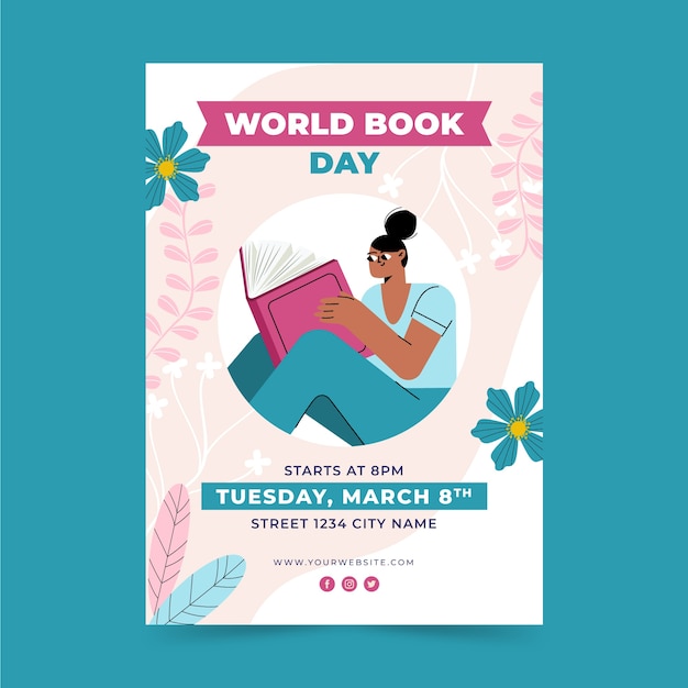 Flat world book day vertical poster template