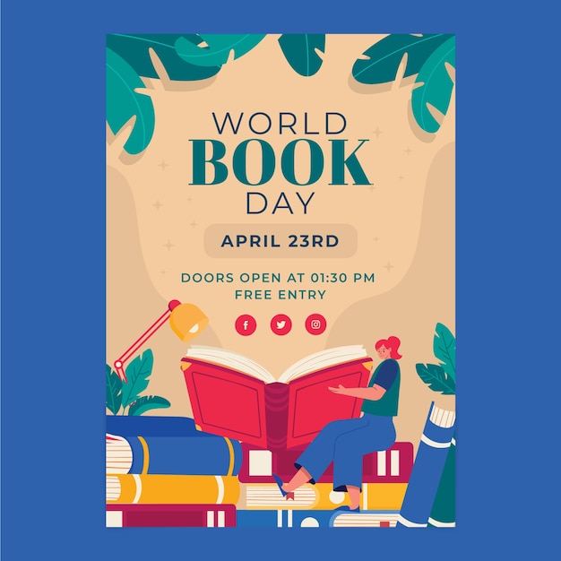 Flat world book day vertical poster template