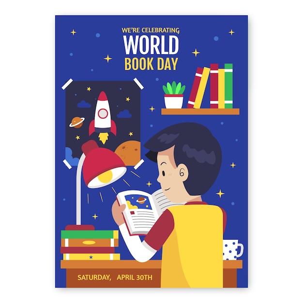 Flat world book day vertical poster template