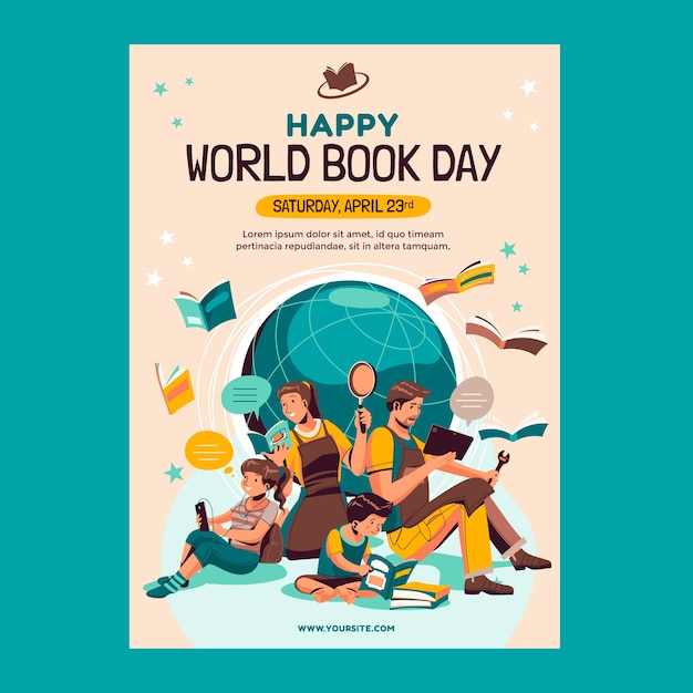 Flat world book day vertical poster template