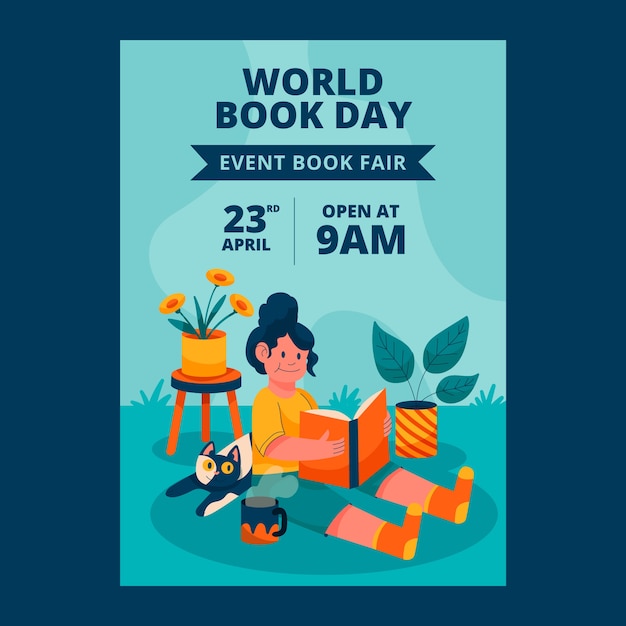 Flat world book day vertical poster template