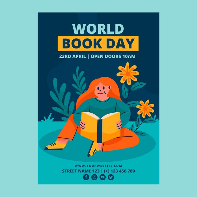 Flat world book day vertical poster template