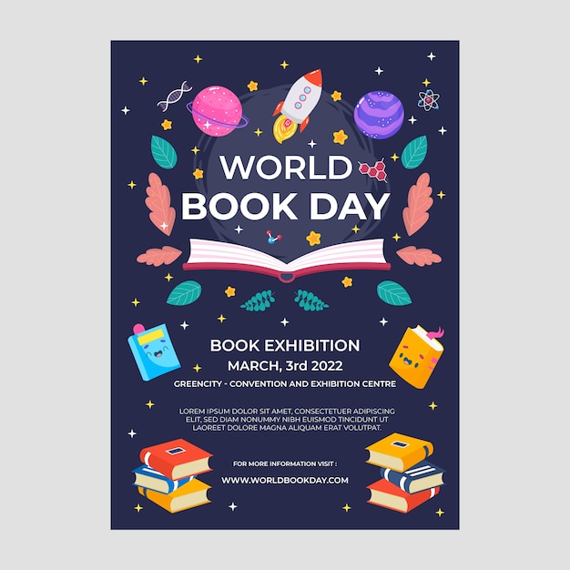 Flat world book day vertical poster template