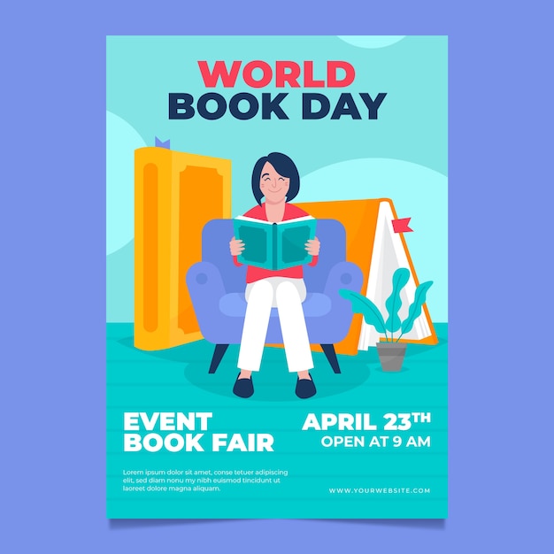 Flat world book day vertical poster template