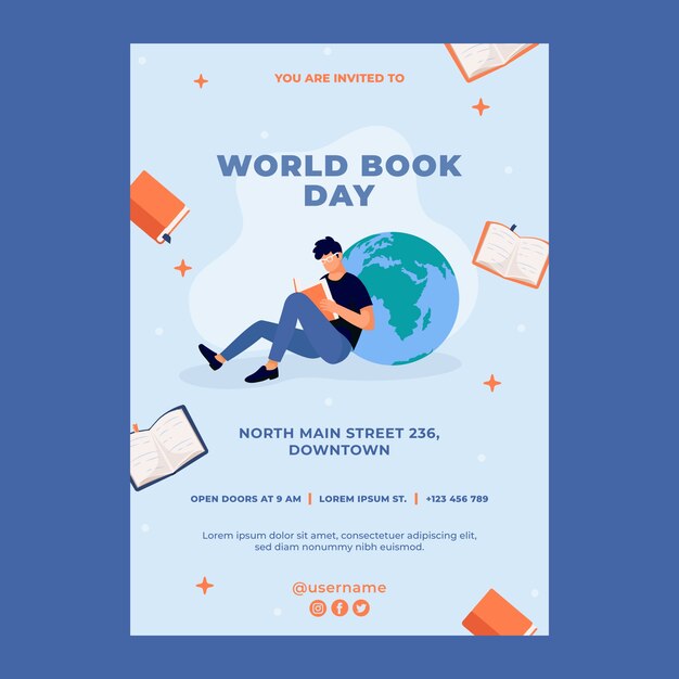 Flat world book day vertical poster template