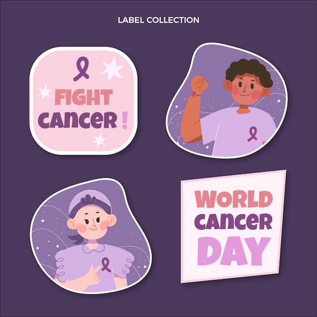 Flat world cancer day labels collection