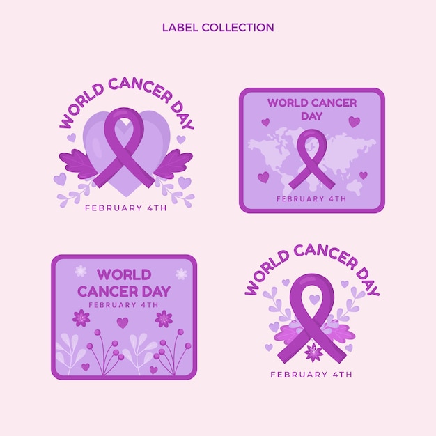 Flat world cancer day labels collection