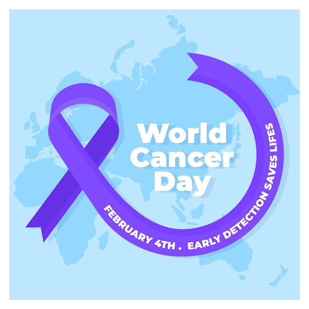 Flat world cancer day purple ribbon on world map