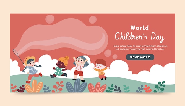 Flat world children's day horizontal banner template