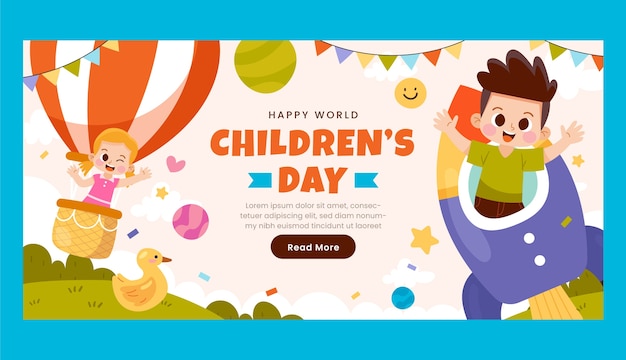 Flat world children's day horizontal banner template