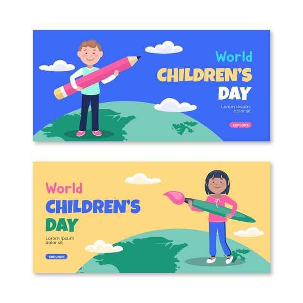 Flat world children's day horizontal banners set